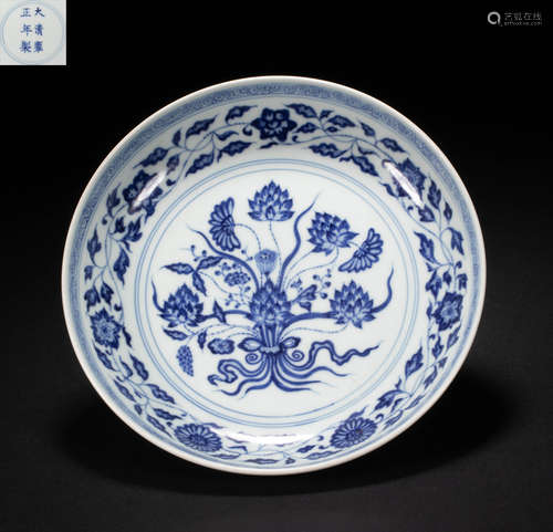 Qing Dynasty blue and white flower plate