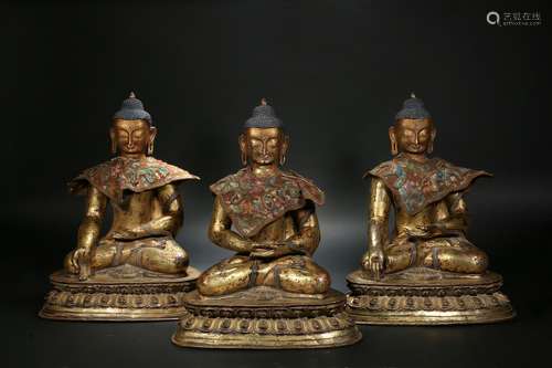 Qing Dynasty Gilt Bronze Three Saint Buddhas of the West