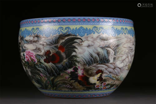 A Small Porcelain Vat with Roosters Motif.