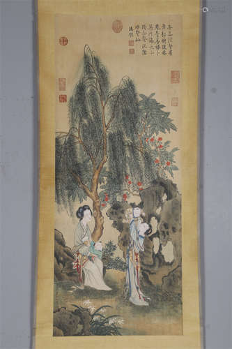 A Figure Story Painting on Silk by Leng Mei.