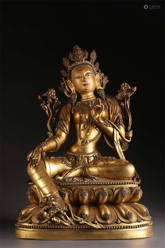 A Gilt Copper Green Tara Buddha Statue.