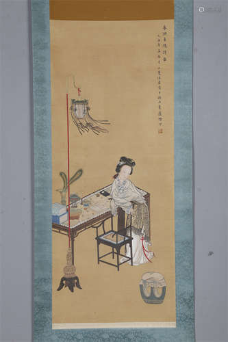 A Maid Painting on Silk by Lu Xiaoman.