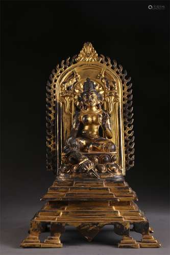 A Gilt Copper Green Tara Buddha Statue.