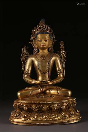 A Gilt Copper Amitayus Buddha Statue.