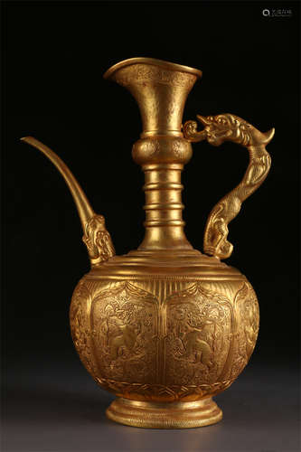 A Gilt Copper Pot with Dragon-Shaped Handle.