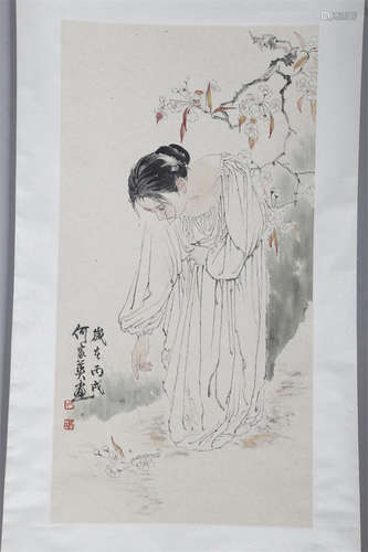 A Figure Painting on Paper by He Jiaying.