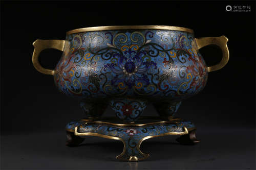 A Cloisonne Enameled Tripod Copper Censer.