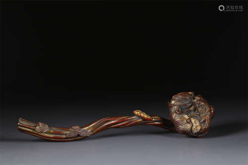 A Copper Ruyi Sculpture with Flowers Design.