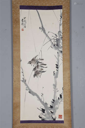 A Sparrows Painting on Paper by Zhang Shuqi.