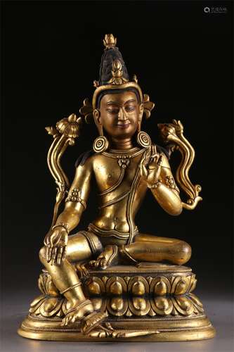 A Gilt Copper Green Tara Buddha Statue.