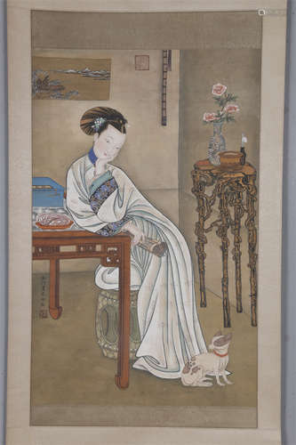 A Figure Painting on Silk by Leng Mei.