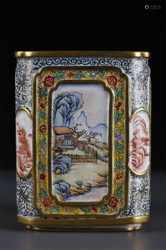 An Enameled Square Copper Brush Pot.