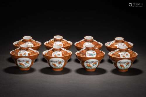 大清乾隆年製款 金彩色絵花紋蓋茶碗 8件