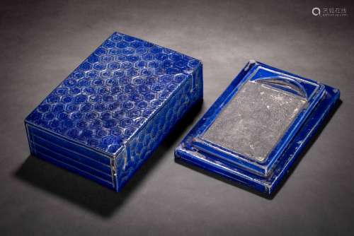 清 茄皮紫釉 亀甲紋盒形 陶硯
