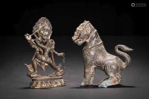 時代 古銅造 獅子擺件 歓喜仏 佛像  2件