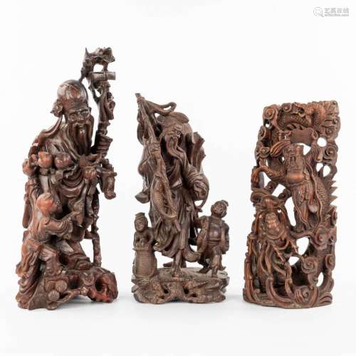 A collection of 3 wood sculptures of wise men, Oriental orig...