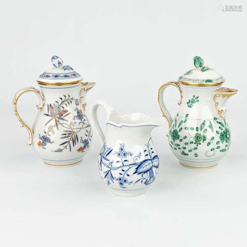 A collection of 2 coffee pots and a milk jug made by Meissen...