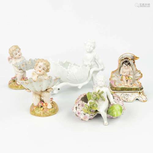 A collection of 5 figurines of putti. Made of porcelain by d...