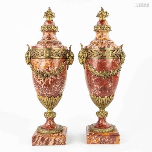 A pair of red marble cassolettes decorated with gilt bronze ...