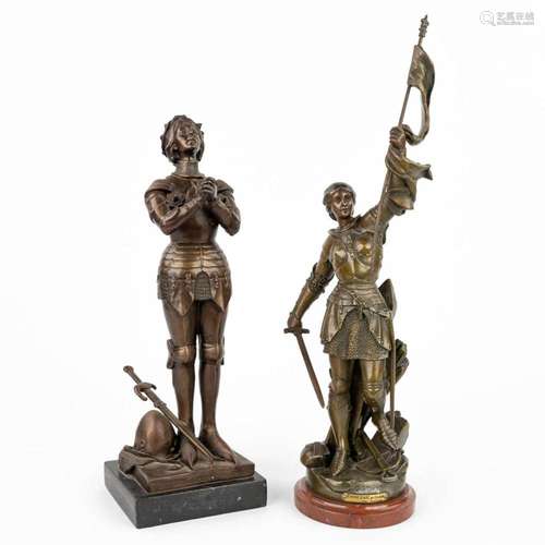 A collection of 2 statues of Jeanne D'arc made of spelte...