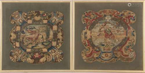 2 ANTIQUE FRAGMENTS OF TEXTILE WITH FIGURAL DECOR, 18TH CENT...