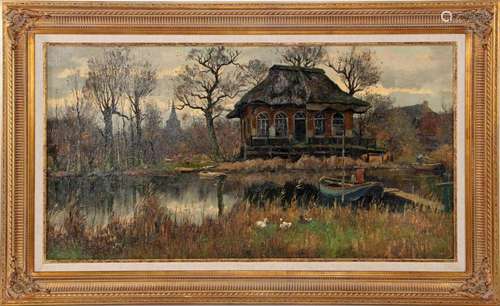 UNCLEARLY SIGNED, DUTCH LANDSCAPE WITH HOUSE WITH JETTY