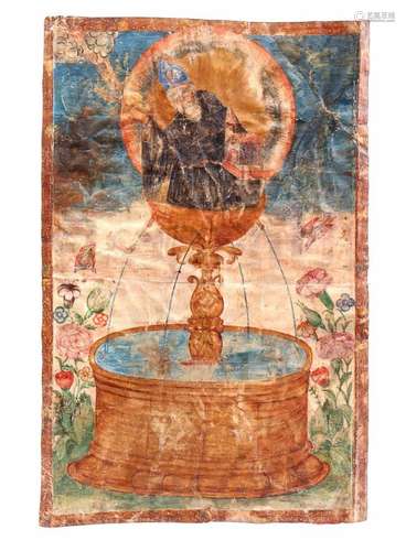 HAND-PAINTED PARCHMENT DEPICTING A SAINT AT A WELL