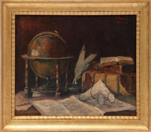 SIGNED E SOMMER WIEN 1938, STILL LIFE WITH BOOKS