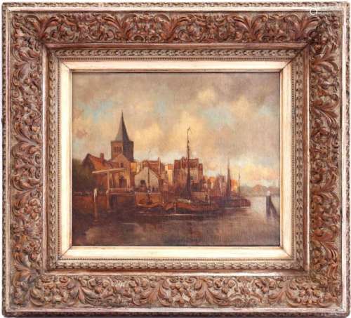 UNCLEARLY SIGNED, DUTCH CITYSCAPE ON WATER WITH MOORED BOATS
