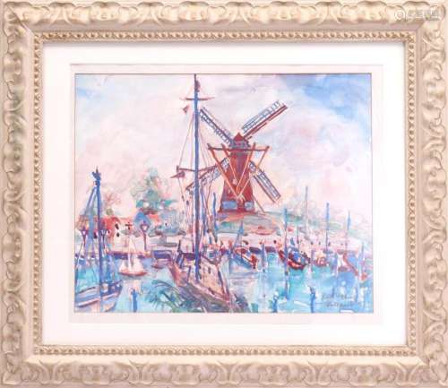 UNCLEARLY SIGNED, HARBOR VIEW WITH WINDMILL