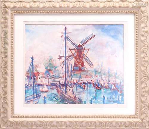 UNCLEARLY SIGNED, HARBOR VIEW WITH WINDMILL