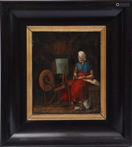UNCLEARLY SIGNED, WOMAN AT THE SPINNING WHEEL