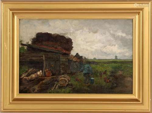 UNCLEARLY SIGNED, LANDSCAPE WITH A FARMER WITH CHICKENS