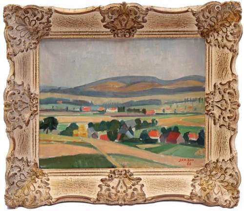 SIGNED J VD ZEE, HILLY LANDSCAPE WITH FIELDS