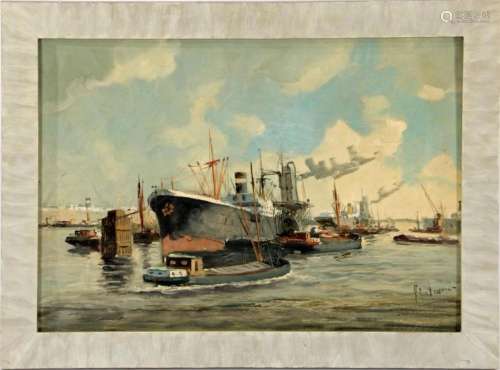 UNCLEARLY SIGNED, HARBOR WITH MANY SHIPS