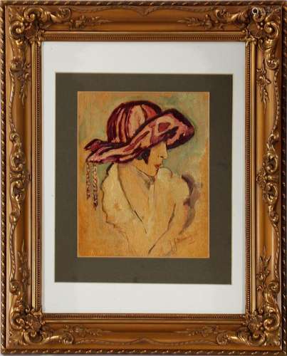 UNCLEARLY SIGNED, POSING LADY WITH RED HAT