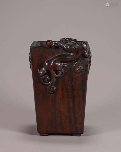 A red sandalwood dragon brush pot