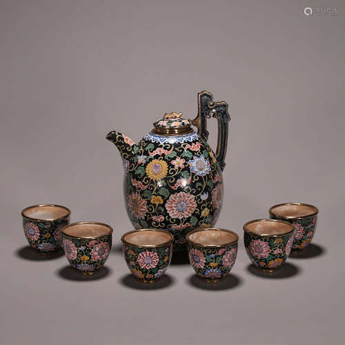 A set of flower copper enamel wine pot and cups