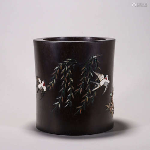 A swallow and flower red sandalwood brush pot