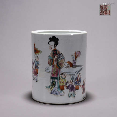 A famille rose figure porcelain brush pot