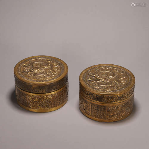 A pair of dragon patterned gilding copper boxes