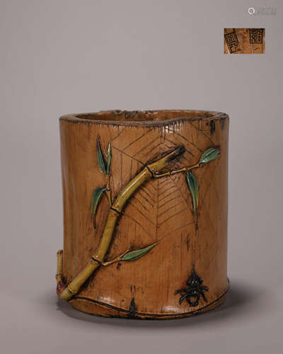 A glazed bamboo porcelain brush pot