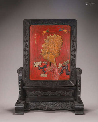 A rosewood tianhuang Shoushan soapstone and gem-inlaid peaco...