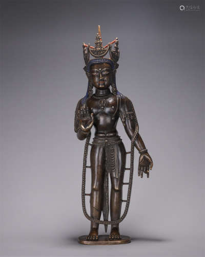 A copper silver-inlaid Guanyin bodhisattva statue