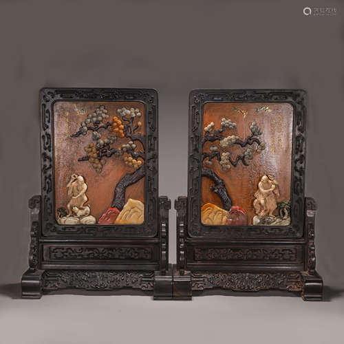 A pair of rosewood Shoushan soapstone arhat screens