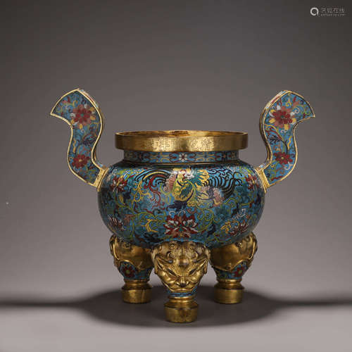 A gilding cloisonne phoenix bird three-legged pot