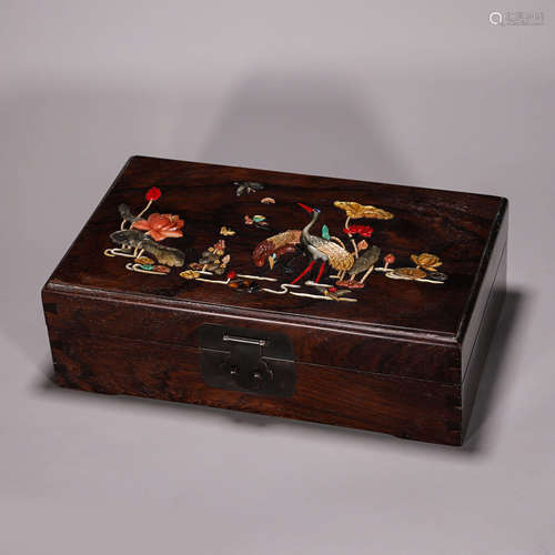 A crane patterned fragrant rosewood box