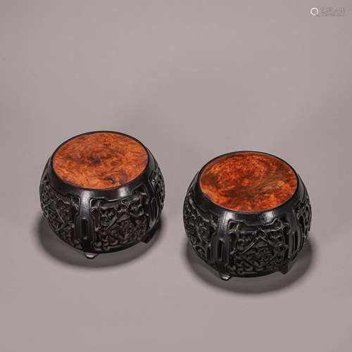 A pair of hollowed out red sandalwood inscribed tables