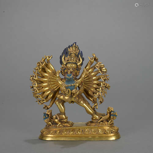 A gilt-bronze statue of Yamantaka