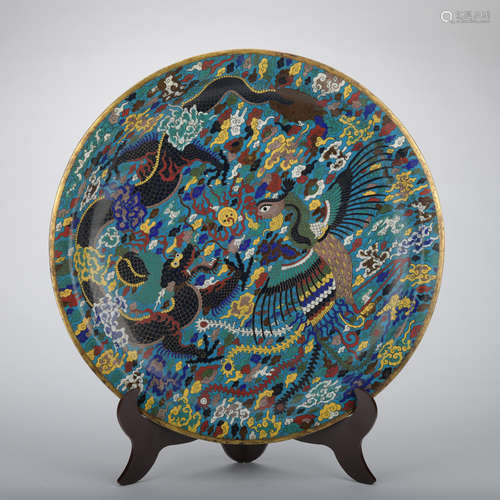 A Cloisonne enamel 'dragon and phoenix' dish